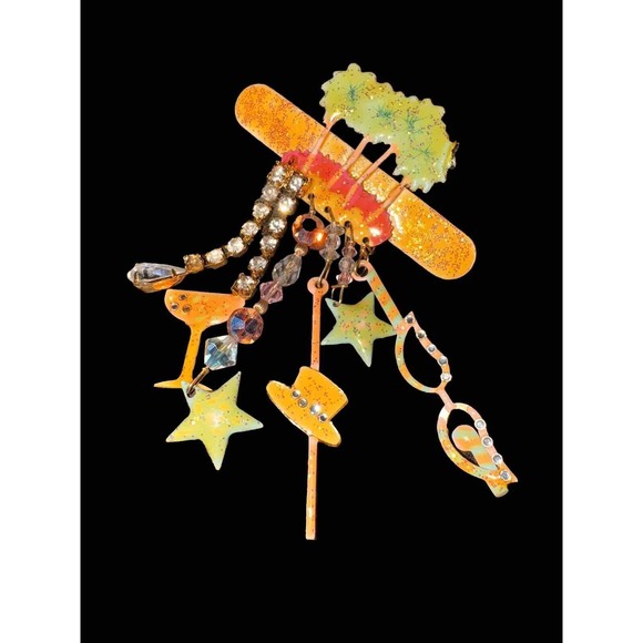 Hollywood Palm Tree Charm Dangle Jewel Gemstone Brooch Pin Martini - Picture 3 of 7